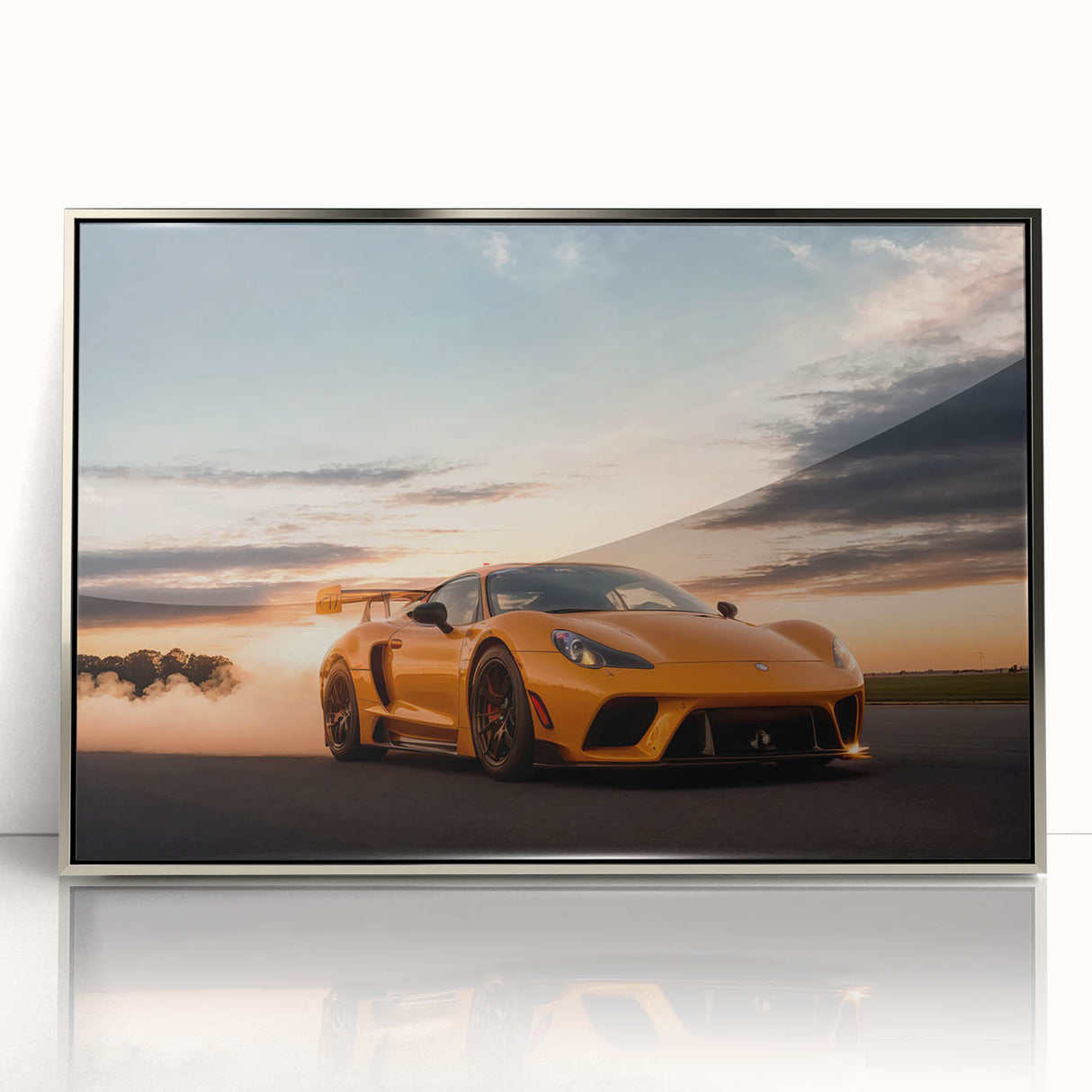 Mid-century modernist art depicting a silver sports car in acrylic, framed, ideal for modern art wall decor.