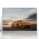 Art deco poster of a white sports car in monochrome, framed acrylic, ideal for modern art wall decor.