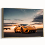 Gold-framed canvas featuring a side view of a vintage sports car in black, ideal for bedroom wall art.