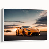 Framed canvas vintage poster art featuring a side view of a classic car in black with colorful background.