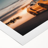 Art deco poster of a vintage sports car in monochrome shades, printed on rolled canvas, ideal for dining room wall art.