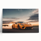 Black and white photo of a vintage sports car on stretched canvas, ideal for kitchen wall art or bedroom.