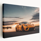 Side view of a red sports car on stretched canvas, with vivid red and black tones, suitable for kitchen wall art.
