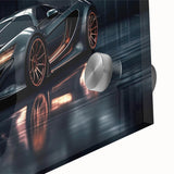 Mid-century modernist art of a sports car in monochrome tones on acrylic glass, suitable for dining room art.