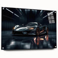 Side view of a red sports car on acrylic glass, with a sleek design, ideal for modern bedroom or dining room decor.
