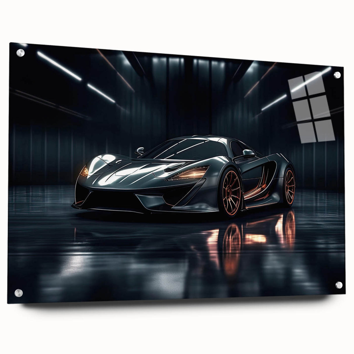 Side view of a red sports car on acrylic glass, with a sleek design, ideal for modern bedroom or dining room decor.