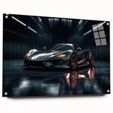 Side view of a red sports car on acrylic glass, with a sleek design, ideal for modern bedroom or dining room decor.