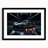 Extra large abstract art print of colorful, textured sports cars on a black framed canvas, suitable for living room decor.