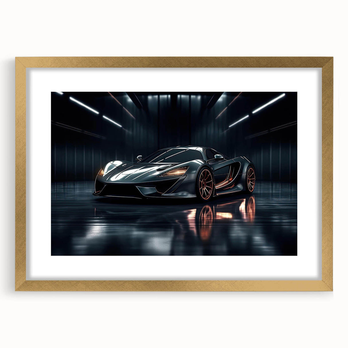 Extra large abstract art print of sports cars in muted metallic and gray tones on a framed canvas.
