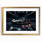 Extra large abstract art print of sports cars in muted metallic and gray tones on a framed canvas.