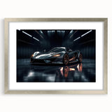 Textured art print of an abstract silver sports car on a framed canvas, ideal for modern bedroom ambiance.