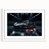 Abstract art print of a sport car in monochrome shades on a white framed mat, ideal for bedroom or dining room decor.