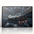 Framed acrylic print of a black sports car in abstract style with mid-century modern elements.