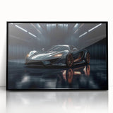 Framed acrylic print of a black sports car in abstract style with mid-century modern elements.