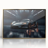 Gold-framed acrylic print of a vintage sports car in muted colors, ideal for a mid-century modernist decor.