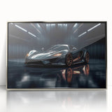 Mid-century modernist art of a silver sports car, framed acrylic print in monochrome tones, ideal for modern art wall decor.