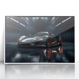 Art deco poster of a white sports car on acrylic, with sharp black lines, ideal for modern art wall decor.