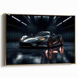 Gold side view of a vintage sports car on black framed canvas, suitable for bedroom wall art.