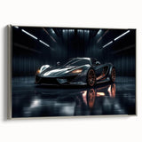 Silver vintage sports car on black background in a framed canvas, suited for a modern living room.