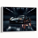 Vintage poster art of a classic car in black and white on a framed canvas, ideal for living room decor.