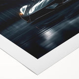 Art deco poster of a vintage sports car in monochrome shades, printed on rolled canvas, suited for dining room decor.