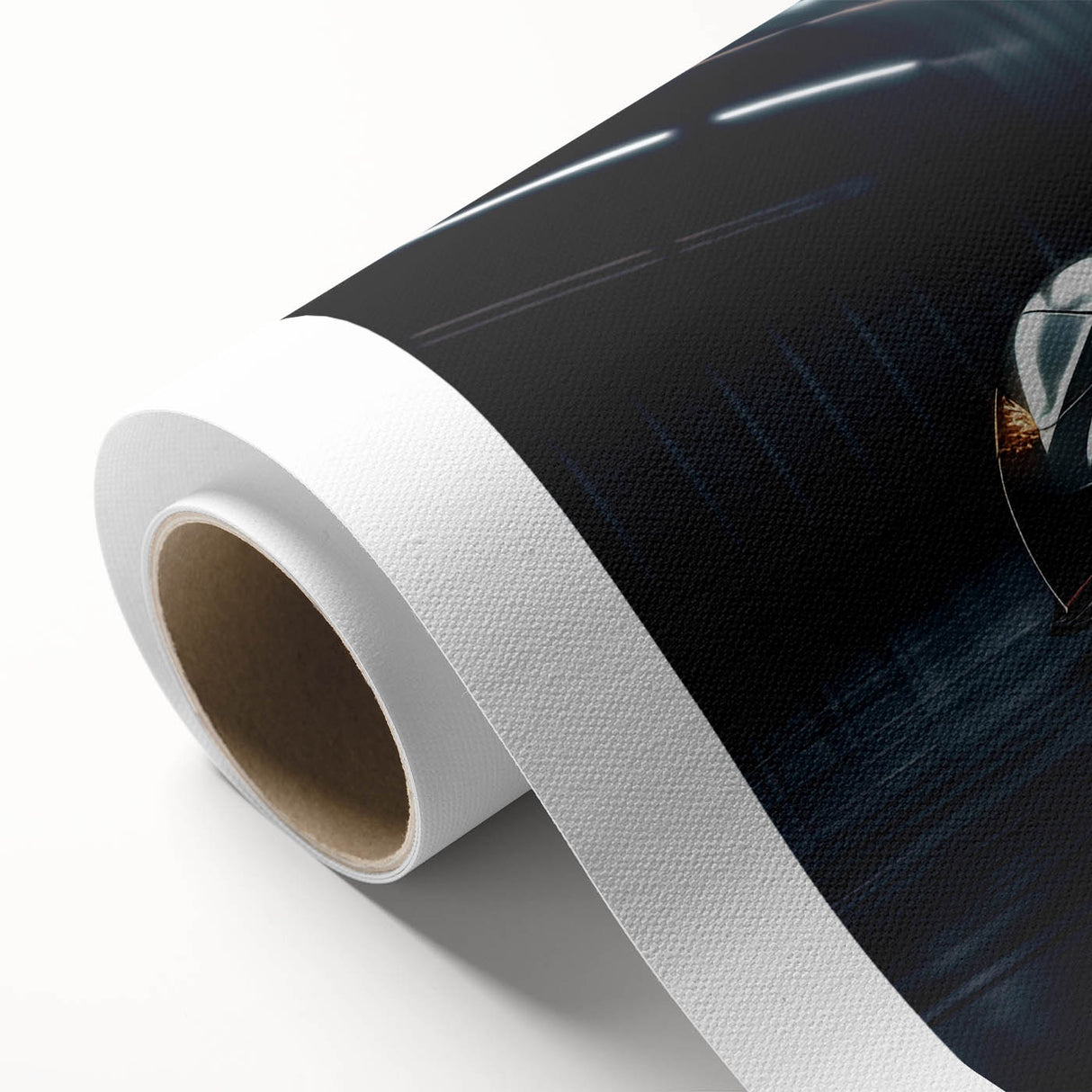 Art deco poster of a vintage sports car in monochrome, printed on rolled canvas.