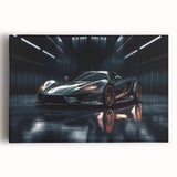 Black and white photo of a sports car on stretched canvas, ideal for kitchen wall art or bedroom ambiance.