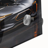 Mid-century modernist acrylic print featuring abstract sports cars in muted orange and blue, ideal for dining room art.