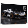 Side view of a sports car in monochrome, acrylic print, suited for modern bedroom or dining room decor.