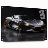 Side view of a sports car in monochrome, acrylic print, suited for modern bedroom or dining room decor.
