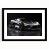Abstract art print of colorful sports cars on textured canvas, framed in black, ideal for living room decor.
