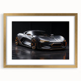 Extra large abstract art print of sports cars in textured hues of gold and black on a framed canvas.