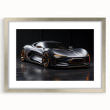 Abstract art print of a silver sports car on textured art canvas, using gray and silver tones.
