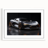 Abstract art print of a stylized sports car in vibrant red and black tones on a white framed canvas.