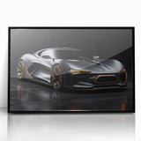 Large abstract wall art of a sleek sports car in black and white tones, acrylic print framed.