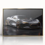 Large art print of a gold front-view sports car on a framed acrylic, featuring mid-century modernist style.