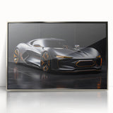Mid-century modernist art depicting a silver sports car in acrylic, ideal for modern art wall decor.