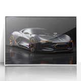 Art Deco poster of a white sports car on acrylic print, framed, with muted color tones, suitable for modern art wall decor.