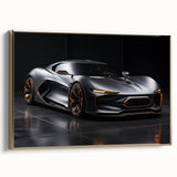 Gold-framed canvas of a vintage sports car in profile, with a sleek black background, ideal for bedroom wall art.