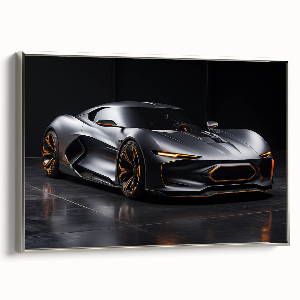 Side view of a vintage sports car in black and white on a framed canvas, suitable for a modern office setting.