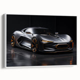 Vintage poster art of a classic car in vibrant colors on a black background, framed canvas, ideal for living room decor.