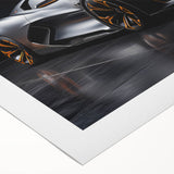 Art deco poster of a vintage sports car in monochrome shades, printed on rolled canvas, suitable for dining room decor.