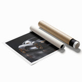 Extra large rolled print of a vintage sports car in muted gray, ideal for classy bathroom wall art.