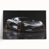 Black and white photo of a sports car on stretched canvas, suitable as large kitchen or bedroom wall art.
