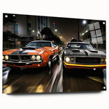 Side view of a red sports car on acrylic glass, ideal for modern bedroom or dining room decor.