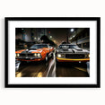 Extra large abstract art print of a colorful, textured race car on a black framed canvas, ideal for living room decor.