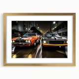 Abstract art print of a sports car in vibrant red and black hues on a textured canvas.