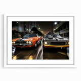 Abstract art print of a stylized sports car in vibrant red and black tones on a white framed canvas.