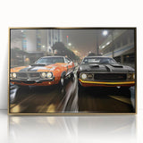 Front view of a gold sports car on a large framed acrylic print in mid-century modernist style.