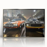 Mid-century modernist art deco poster featuring a silver sports car, framed in acrylic, ideal for modern art wall decor.